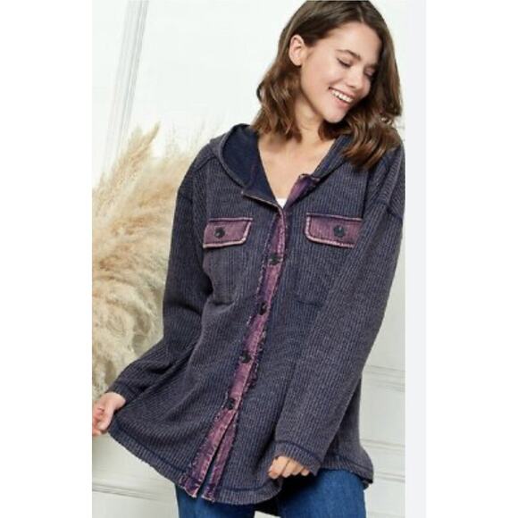 Washed Out Shacket Shirt‎ Womens L Oversized Textured Waffle Slouchy - Picture 1 of 12
